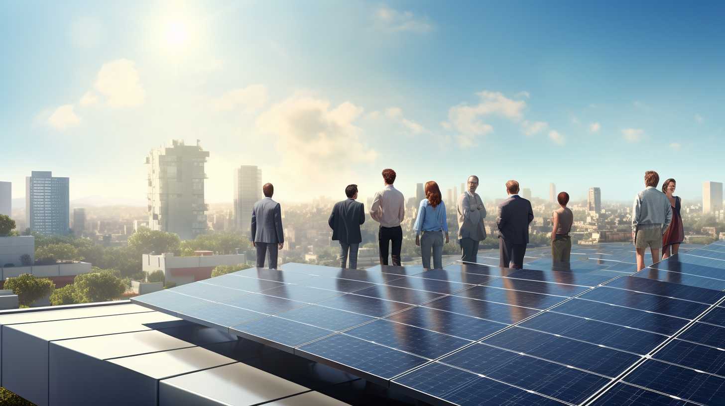 Eine Gruppe von Menschen bewundert ein neu installiertes Solarpanel-System auf einem Dach an einem hellen, sonnigen Tag.