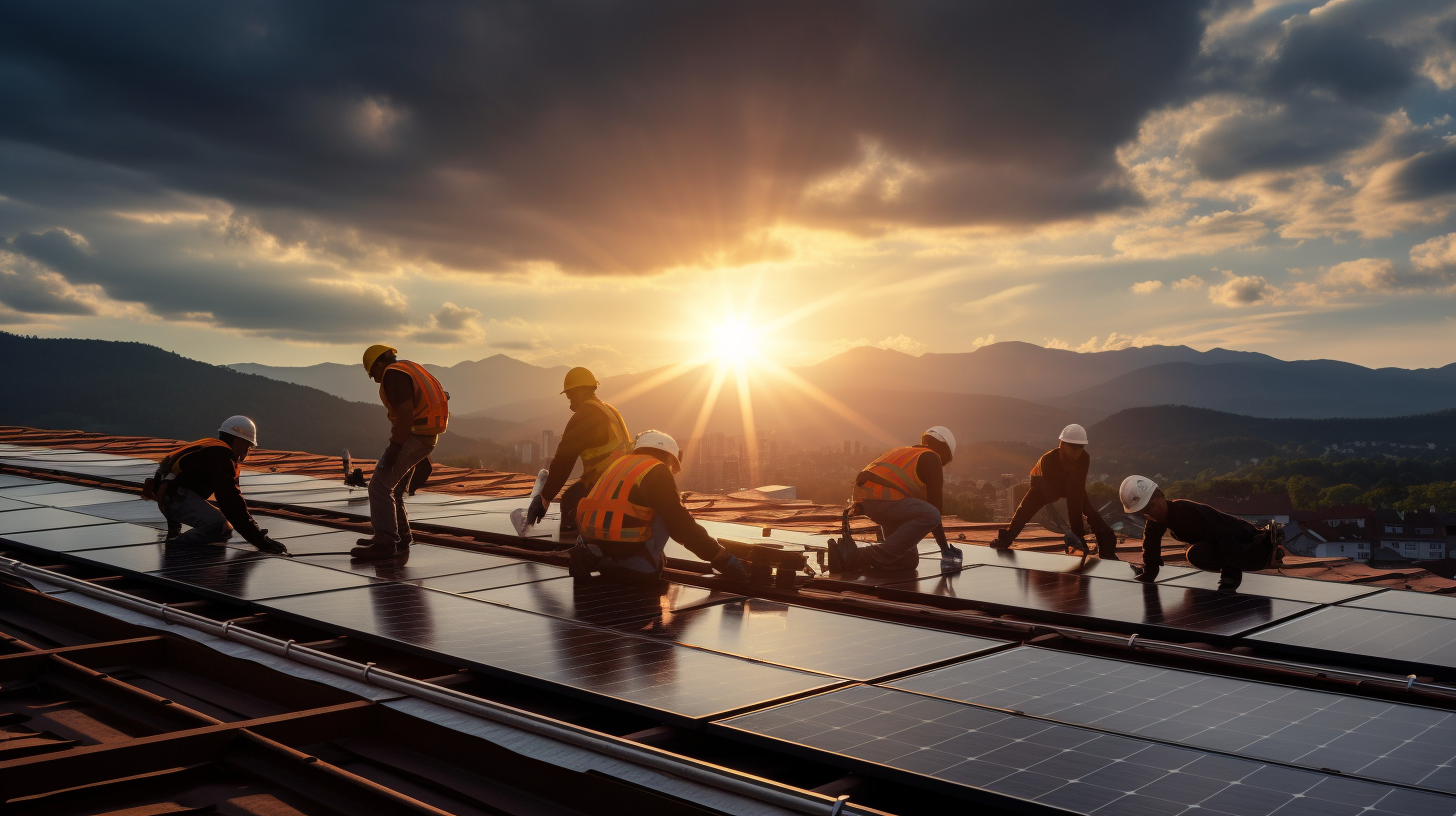 Eine Gruppe von Menschen installiert Photovoltaikmodule auf einem Dach.
