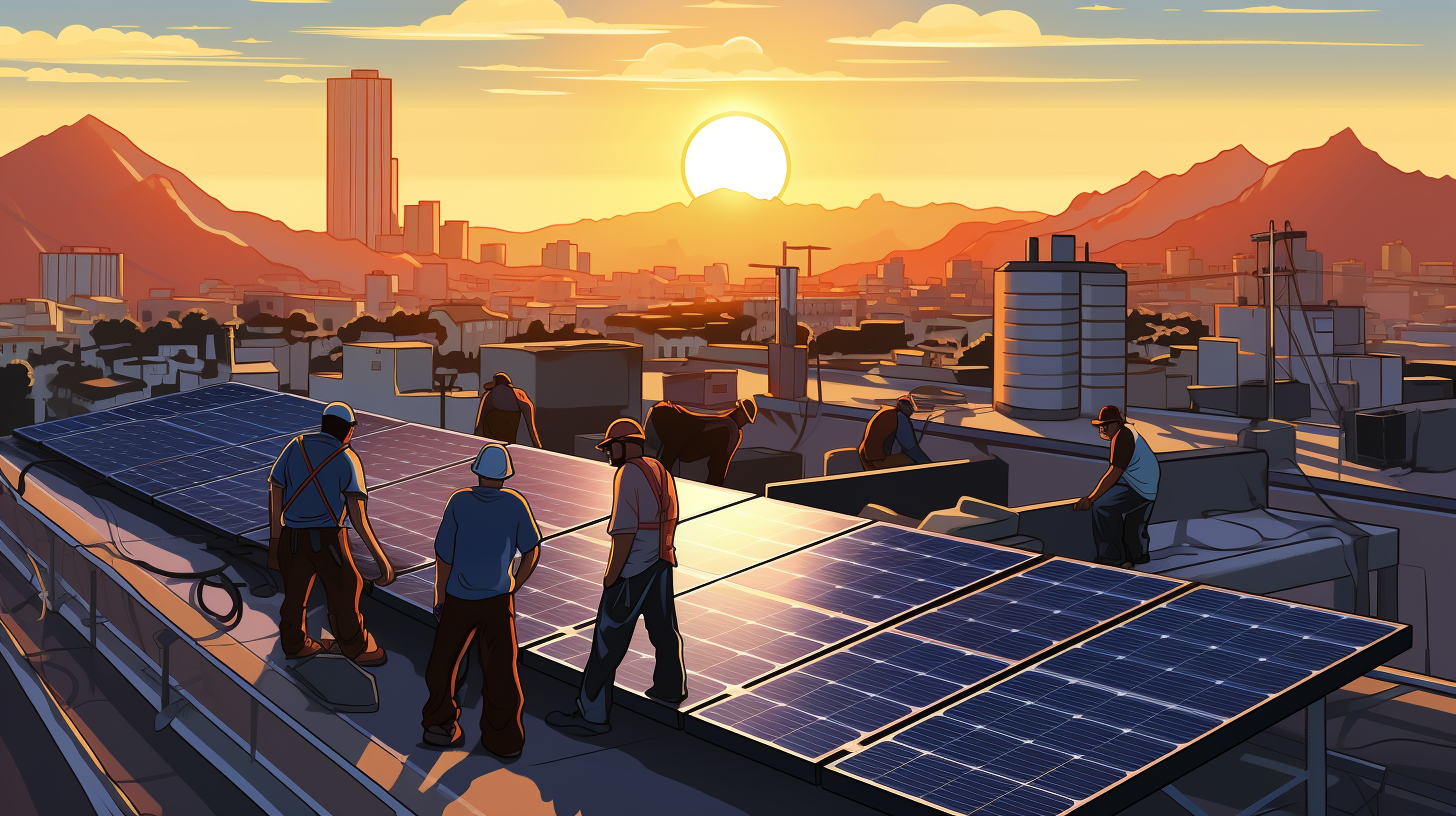 Eine Gruppe von Menschen montiert Solarzellen auf einem Dach.