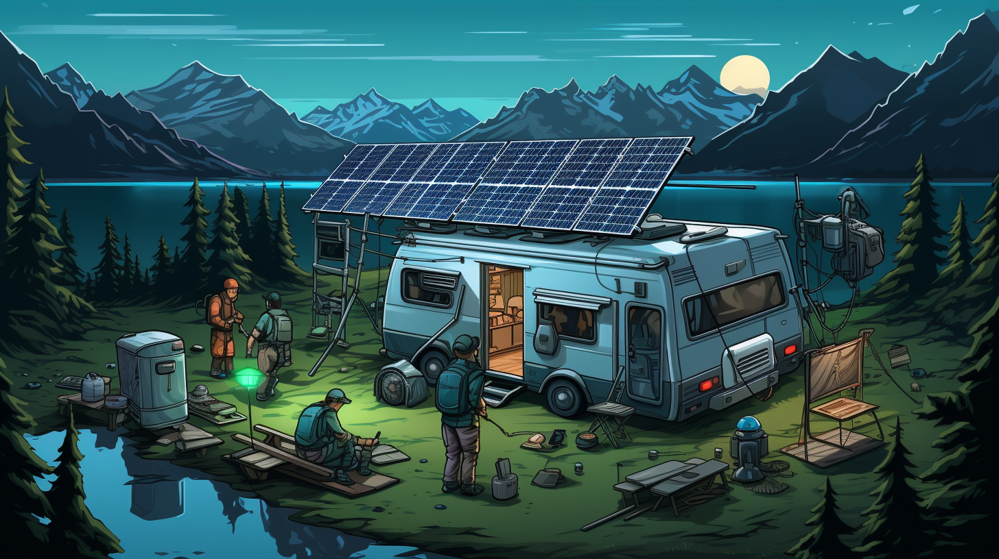 Eine Gruppe von Menschen richtet ein mobiles Solarpanel auf einem Campingplatz ein