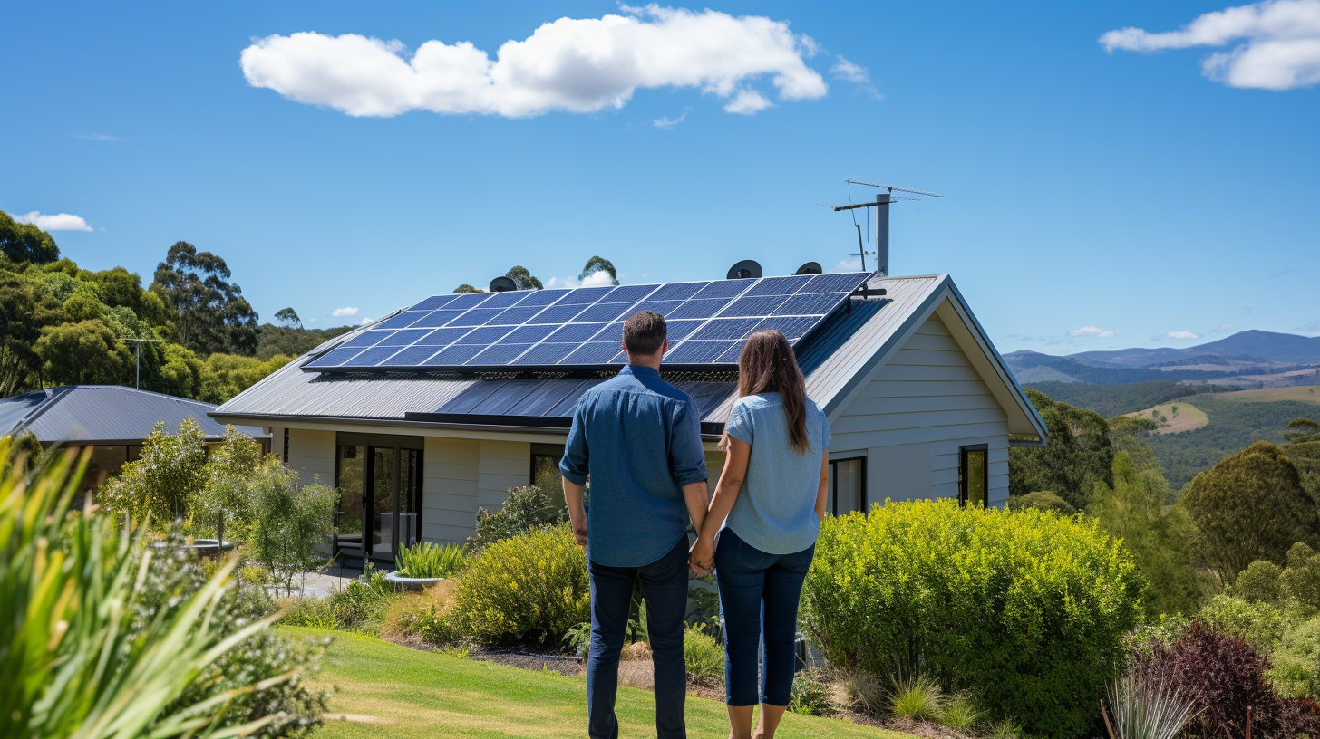 Hauseigentümer überprüfen das Layout ihres Grundstücks an einem hellen Tag und erörtern die optimale Platzierung und Ausrichtung von Solarmodulen für die Installation eines Akku-Solarsystems.
