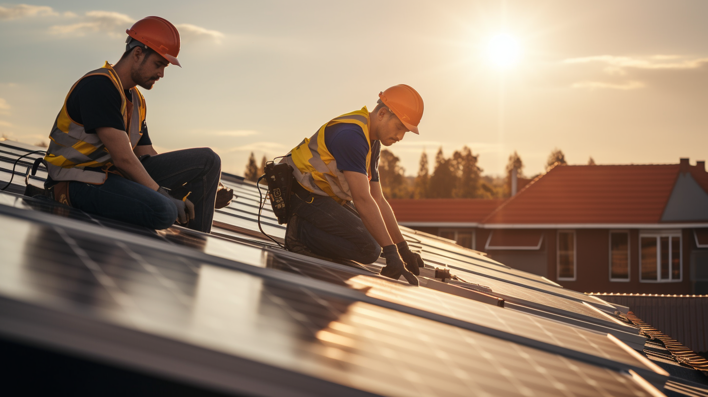 Ein Team von Ingenieuren arbeitet sorgfältig an der Installation von Solarzellen auf einem Hausdach