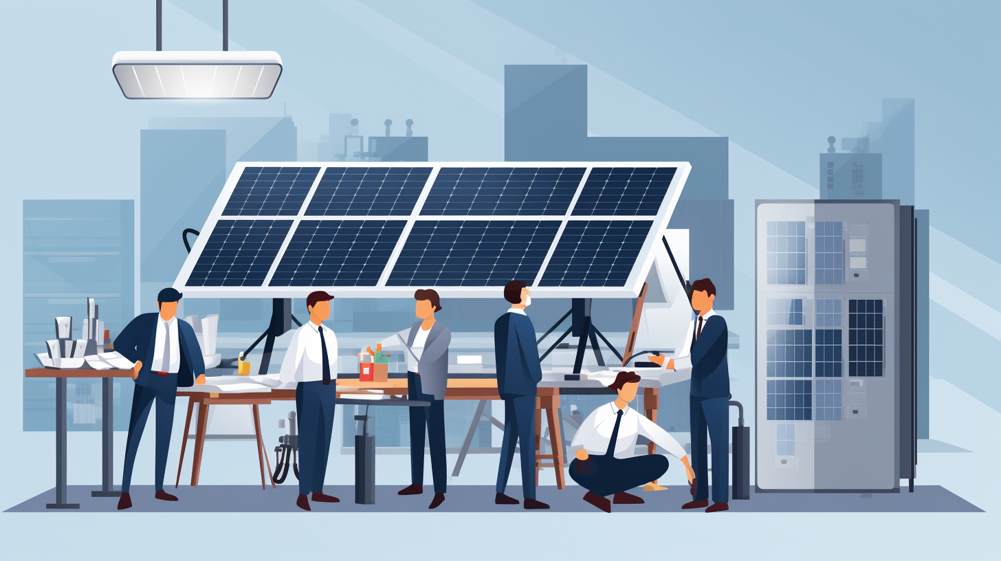 Eine Gruppe von Ingenieuren untersucht ein Solarpanel, einen Wechselrichter, eine Batterie, einen Laderegler und einen Energiezähler, die alle auf einem Tisch ausgebreitet sind.