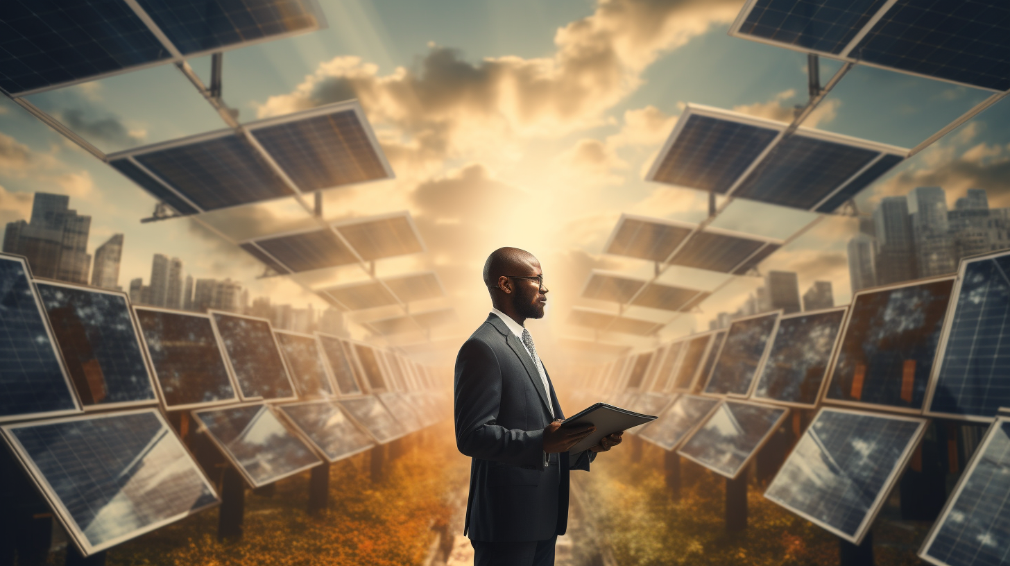 Eine Person steht vor mehreren Solarpaneelen, hält eine Klemmbrett mit Dokumenten in der Hand und schaut nach oben, um die Installation zu überprüfen.