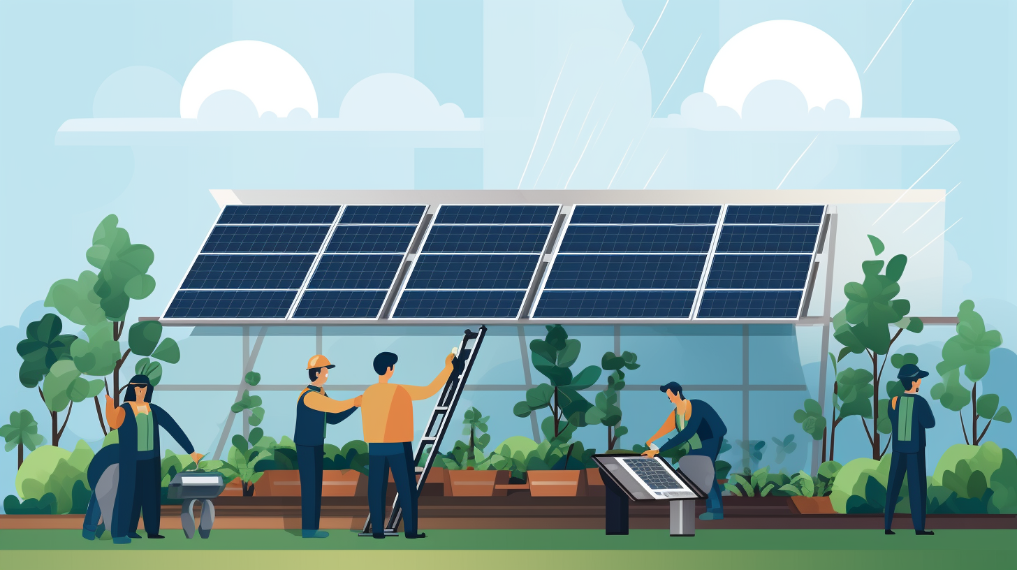 Eine Gruppe professioneller Solarpanel-Installateure richtet ein Solarsystem in einem Garten ein.