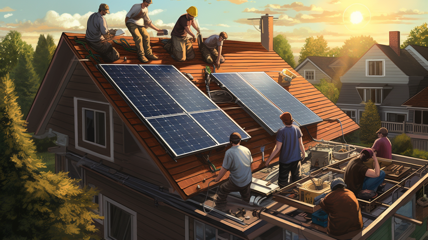 Eine Gruppe von Menschen arbeitet gemeinsam daran, eine Mini-Solaranlage auf dem Dach eines Hauses zu installieren.