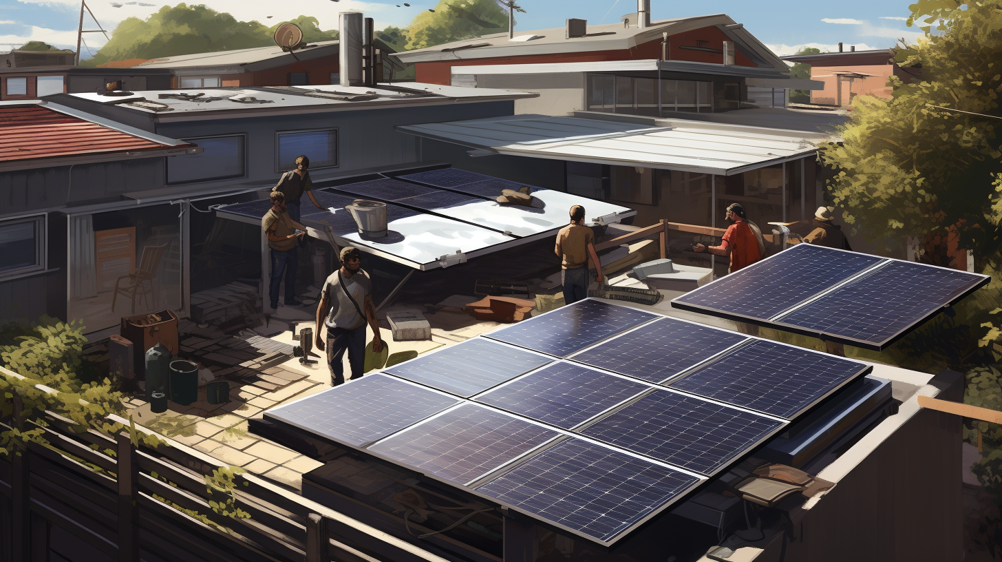 Eine Gruppe von Arbeitern installiert ein kleines Solarsystem auf einem Dach und diskutiert über Unterlagen, die die Einhaltung von Vorschriften zeigen. Es gibt ein paar Häuser in der Umgebung und die Nachbarschaft wirkt ruhig und sonnig, was eine sichere und fröhliche Umgebung darstellt.