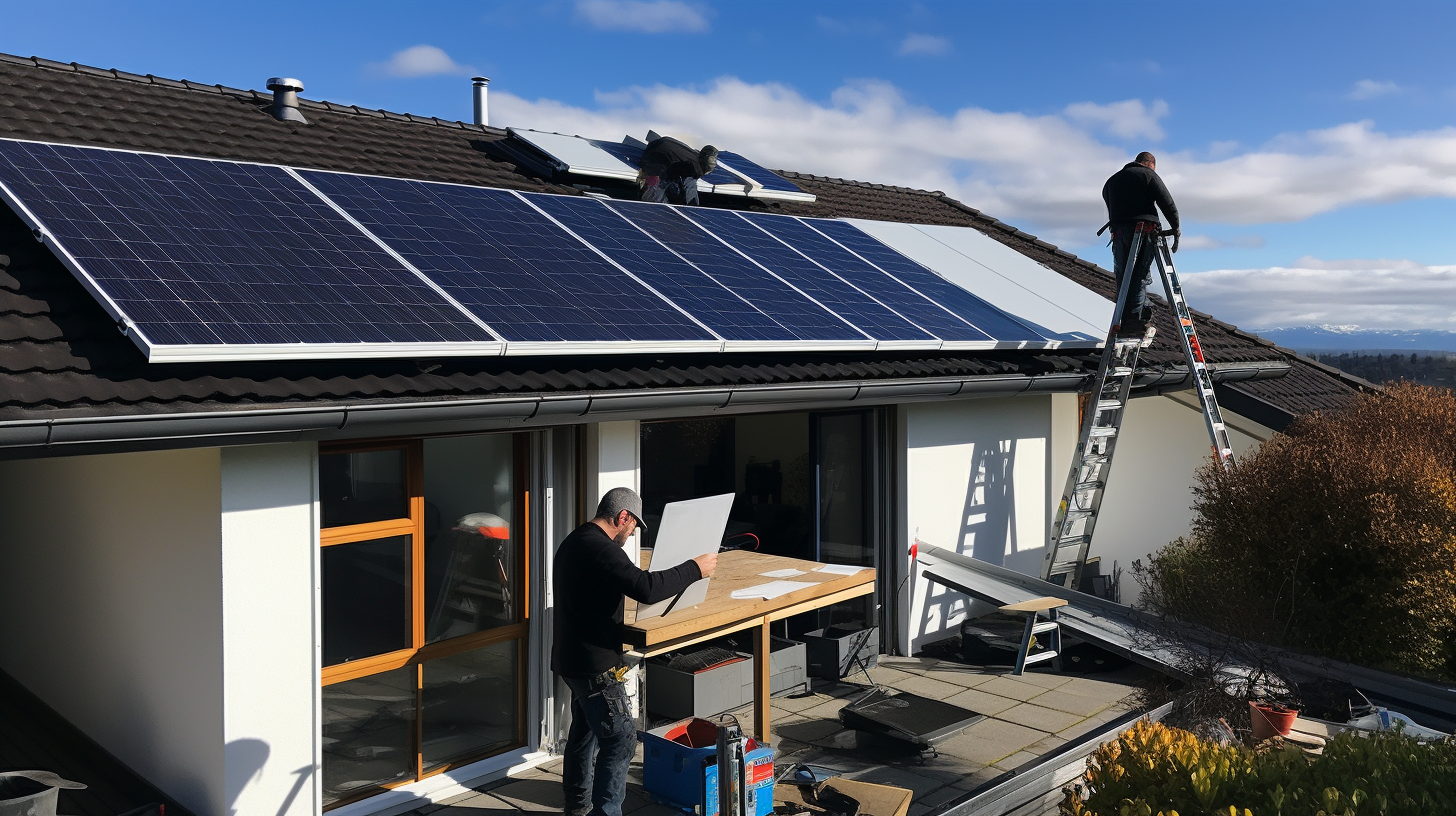 Männer installieren an einem sonnigen Tag die Komplettanlage des Solaranlage Gartenhaus 3000W, wobei alle Komponenten überall verstreut sind.