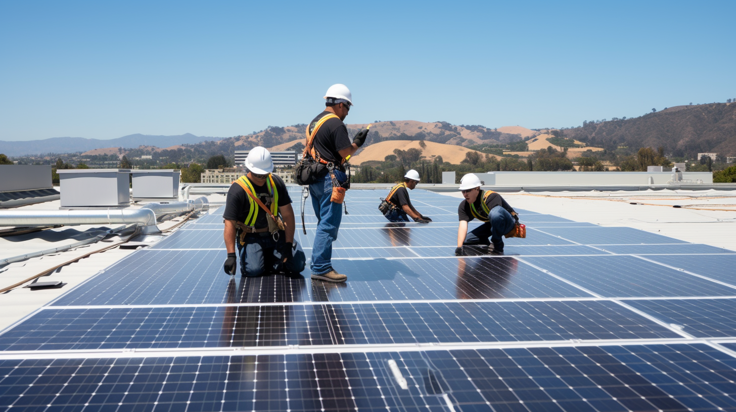 Eine Gruppe von Ingenieuren installiert eine große 10 kWp Solarpanel-Anlage auf dem Dach eines Gewerbegebäudes. Das Team arbeitet fleißig und effizient unter einem klaren blauen Himmel, was die Bedeutung und das Potenzial der Nutzung erneuerbarer Energielösungen unterstreicht.