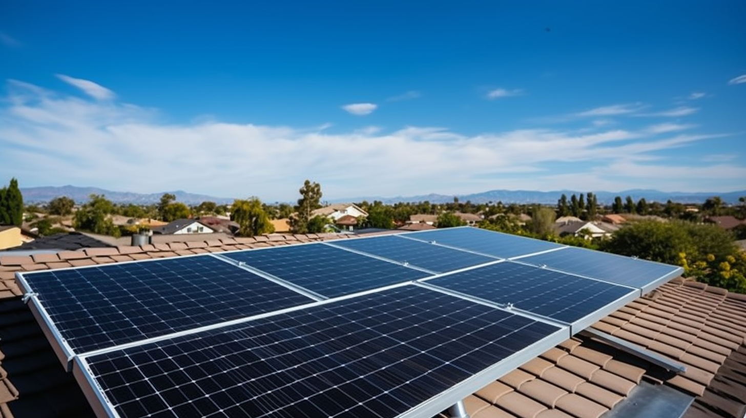 Eine Person installiert ein 600 Watt Solarpanel-System auf dem Dach eines Wohnhauses unter einem klaren blauen Himmel.