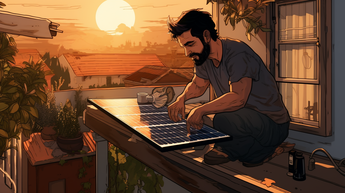 Ein Mann montiert eine Solarplatte auf dem Balkon seines Apartments. Die Solarplatte wird an einen Stromwechsler angeschlossen und der Mann passt sie sorgfältig an das Balkongeländer an.
