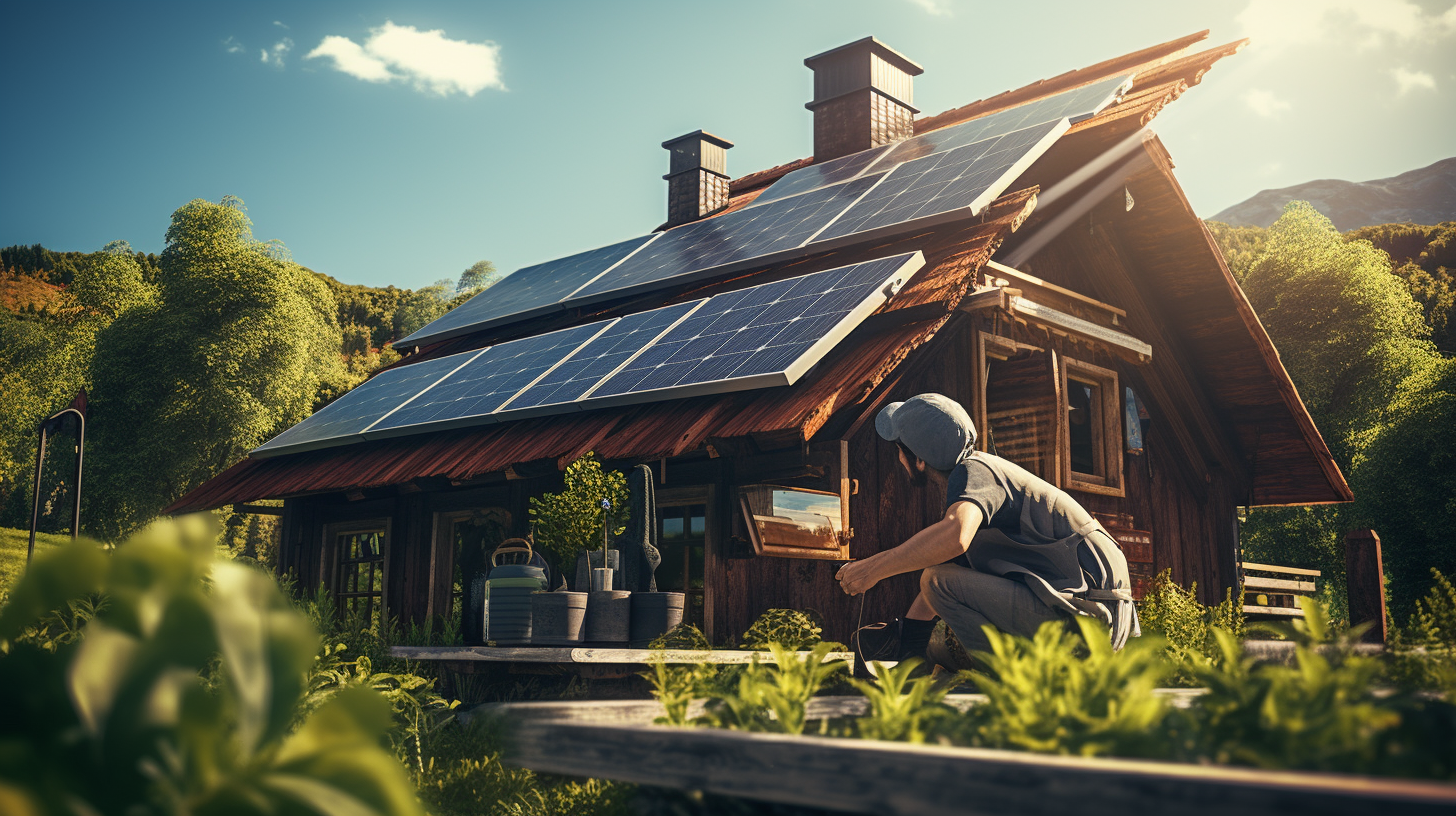 Eine Person installiert ein Solarmodul auf dem Dach eines Gartenhauses.