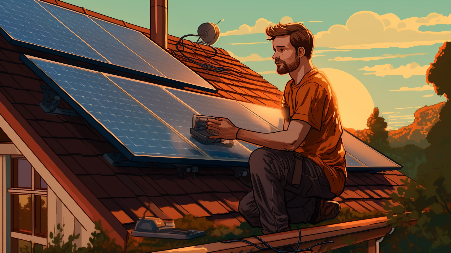Eine Person installiert ein Solarmodul auf dem Dach eines Gartenhauses.