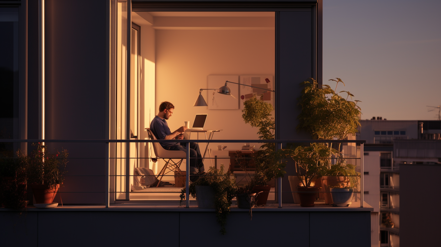 Eine Person installiert ein Solarmodul auf ihrem Balkon. Sie befindet sich dabei in einer sicheren Position und das Modul ist deutlich gut von der Sonne beschienen.