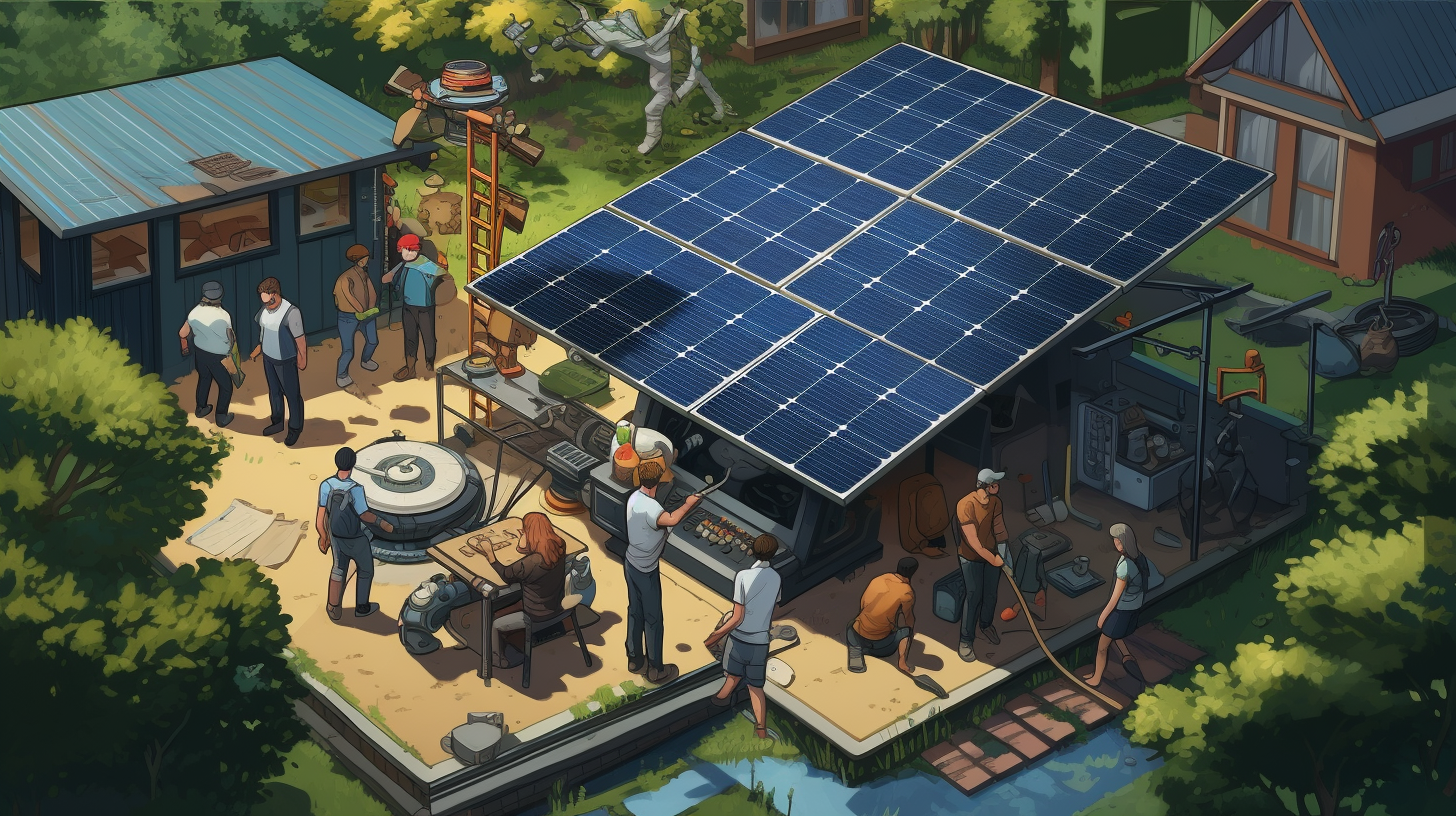 Eine Gruppe von Menschen installiert ein Solarmodul im Hinterhof.