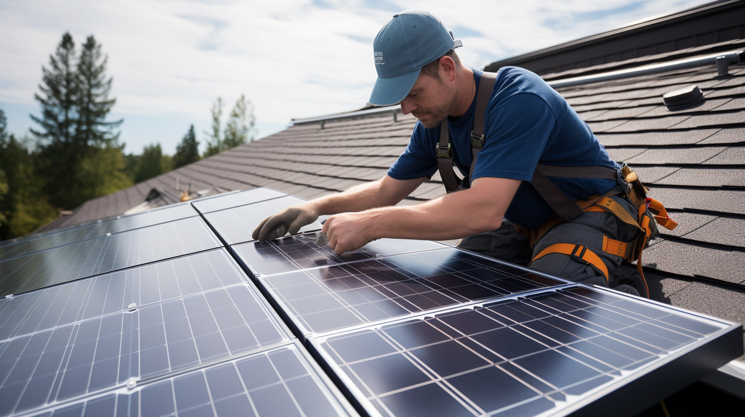 Eine Person installiert ein hoch effizientes Solarmodul auf dem Dach.
