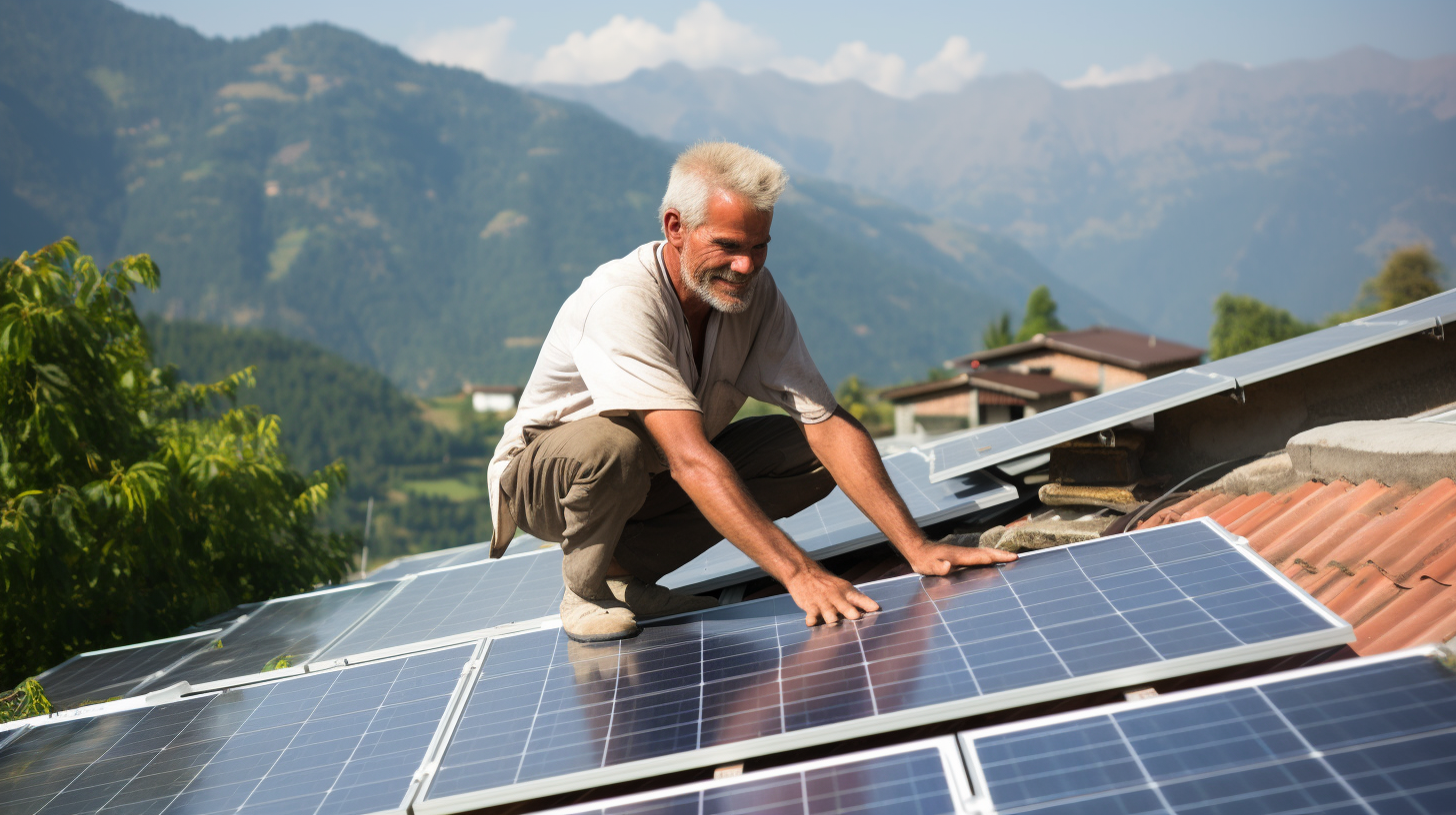 Ein Mann montiert ein kleines Solarpanel-System auf dem Dach eines Hauses