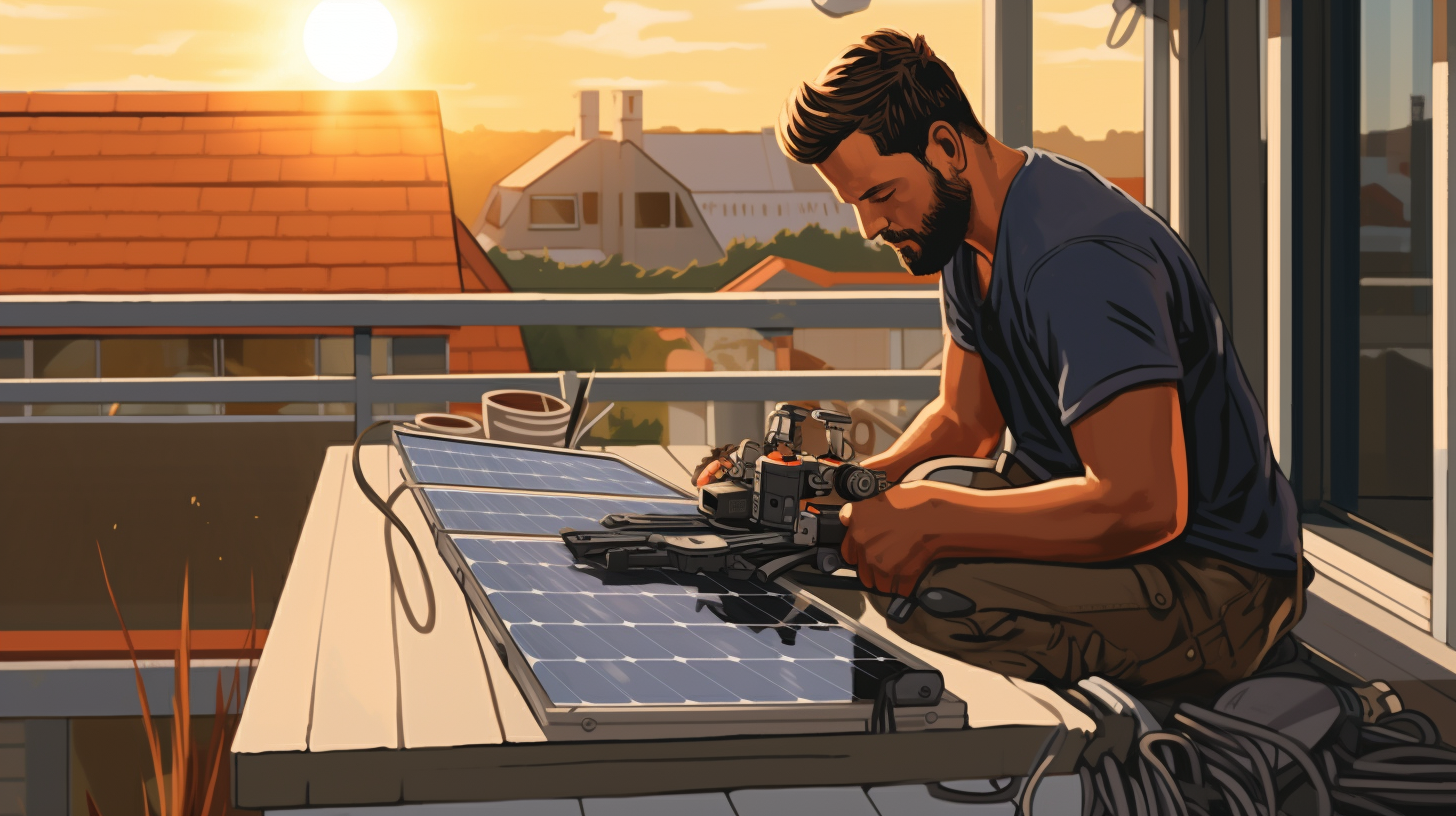 Eine Person montiert ein kleines Solarmodul auf ihrem Balkon. Sie befestigt es sicher an der Balkonbrüstung und schließt es an den Wechselrichter an. Auf dem Tisch liegen einige Werkzeuge, darunter ein Schraubendreher und eine Wasserwaage.
