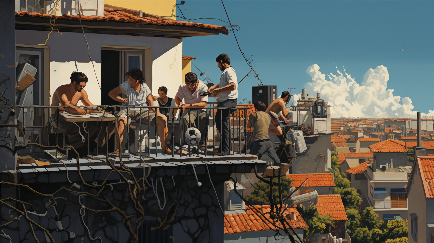 Eine Gruppe von Menschen auf einem Balkon, die ein kleines Solarmodul installieren.
