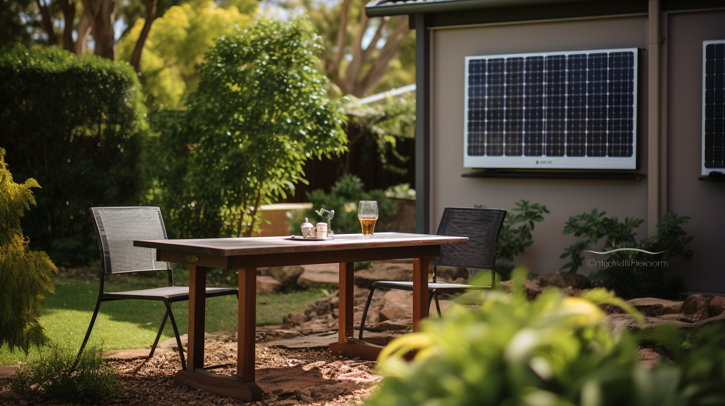 Bild eines Wohngebietsgartens, in dem ein kleines Solarmodulsystem von zwei Technikern installiert wird.
