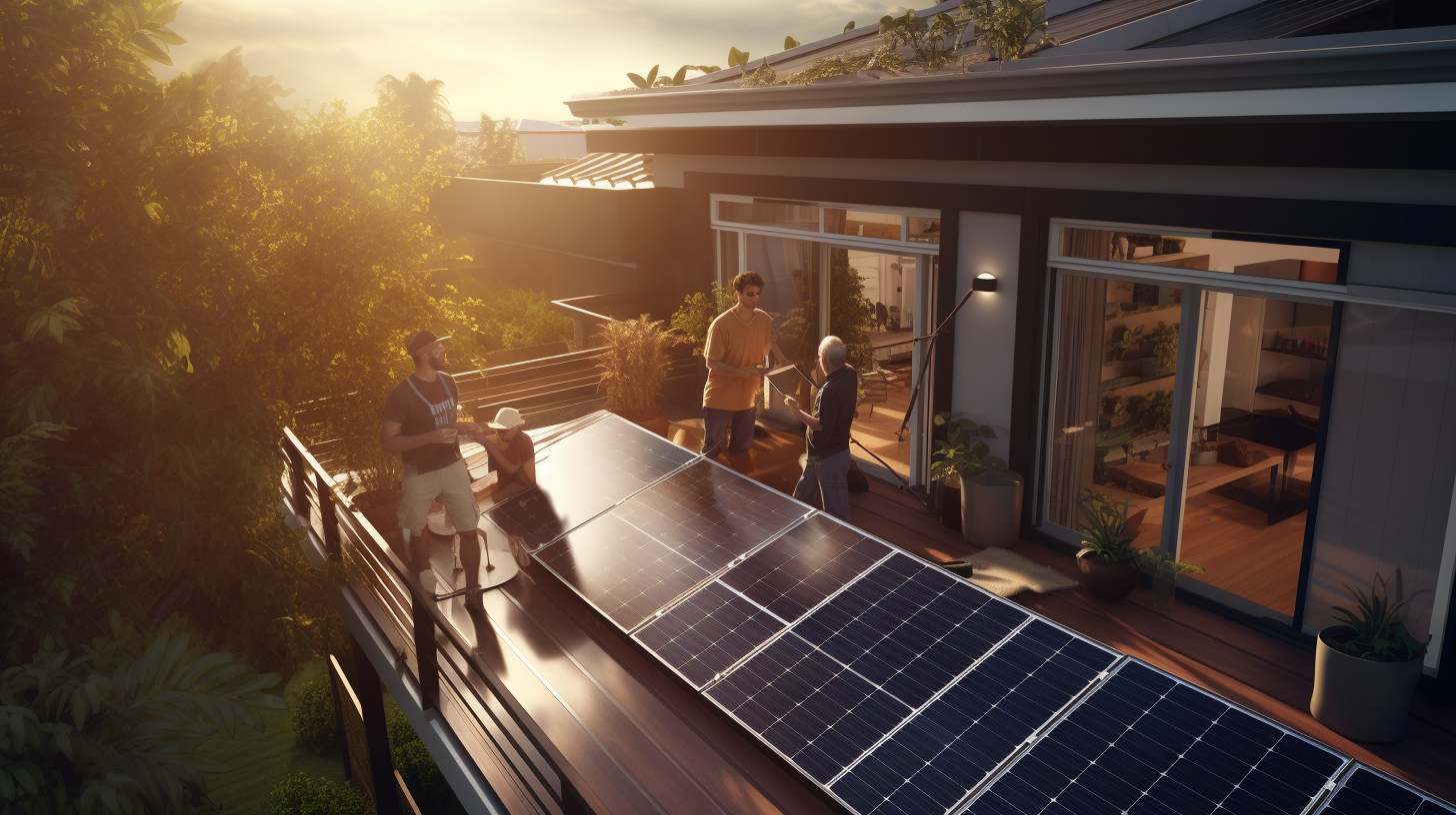 Eine Szene, in der Menschen ein kompaktes Solarmodulsystem auf einem Balkon installieren.