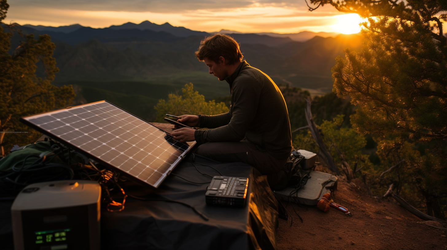 Eine Person richtet ein mobiles Solarpanel an einem abgelegenen Campingplatz ein.