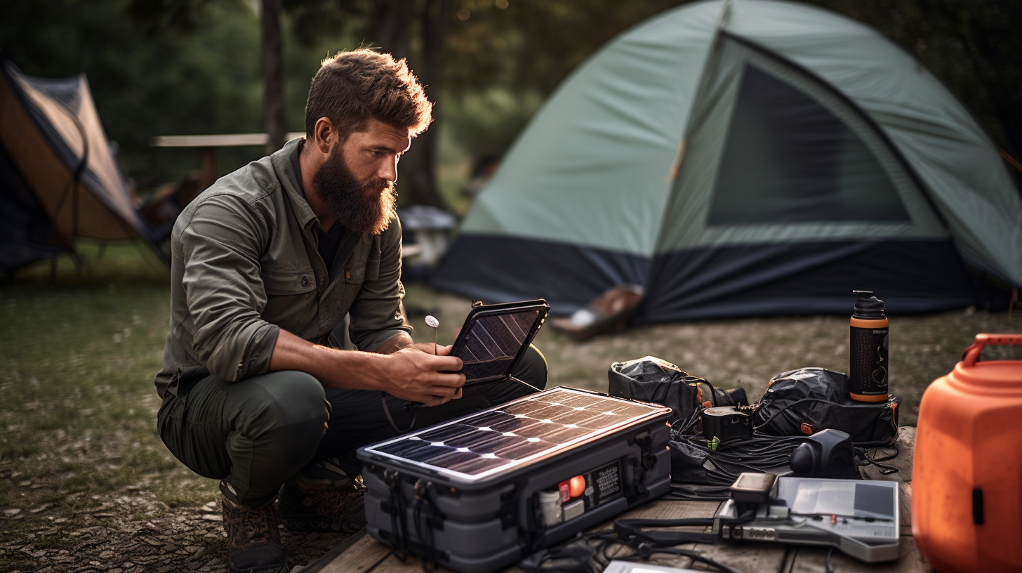 Eine Person richtet ein kleines, tragbares Solarmodul-System auf einem Campingplatz ein.