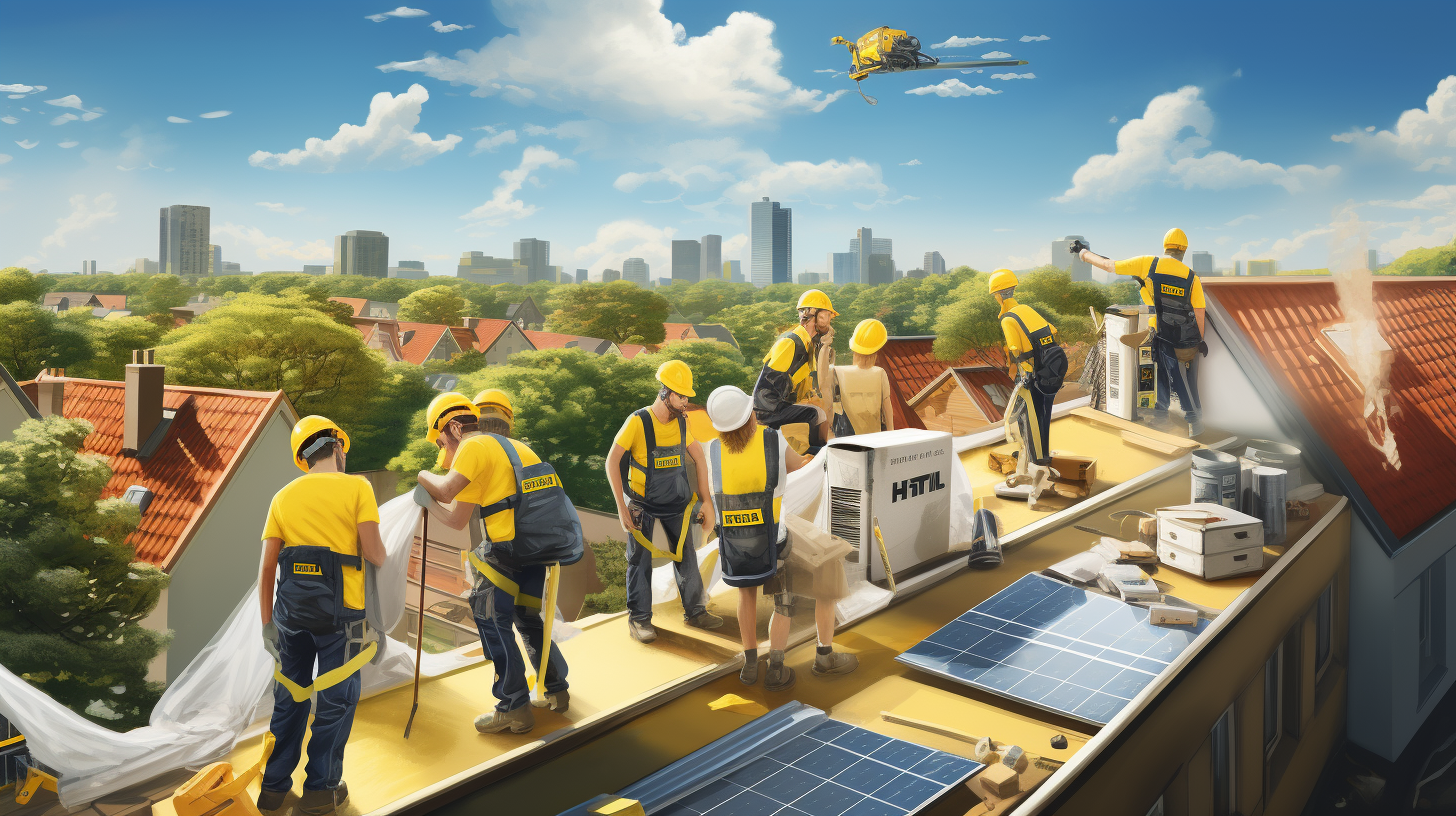 Eine Gruppe von Menschen installiert IKEA-Solarpaneele auf einem Dach. Sie tragen Sicherheitsausrüstung. Solarpaneele lehnen gegen das Dach und die Leute befestigen gerade eines davon. Es ist ein sonniger Tag und der Hintergrund ist gefüllt mit anderen Häusern, was eine Vorstadtkulisse zeigt.