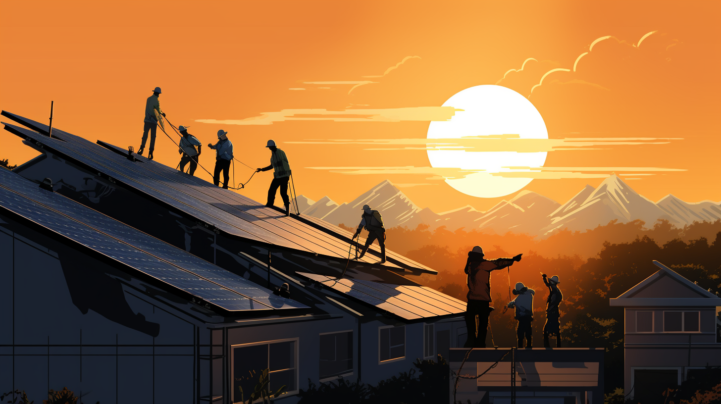 Menschen montieren Photovoltaik-Paneelen auf einem Dach