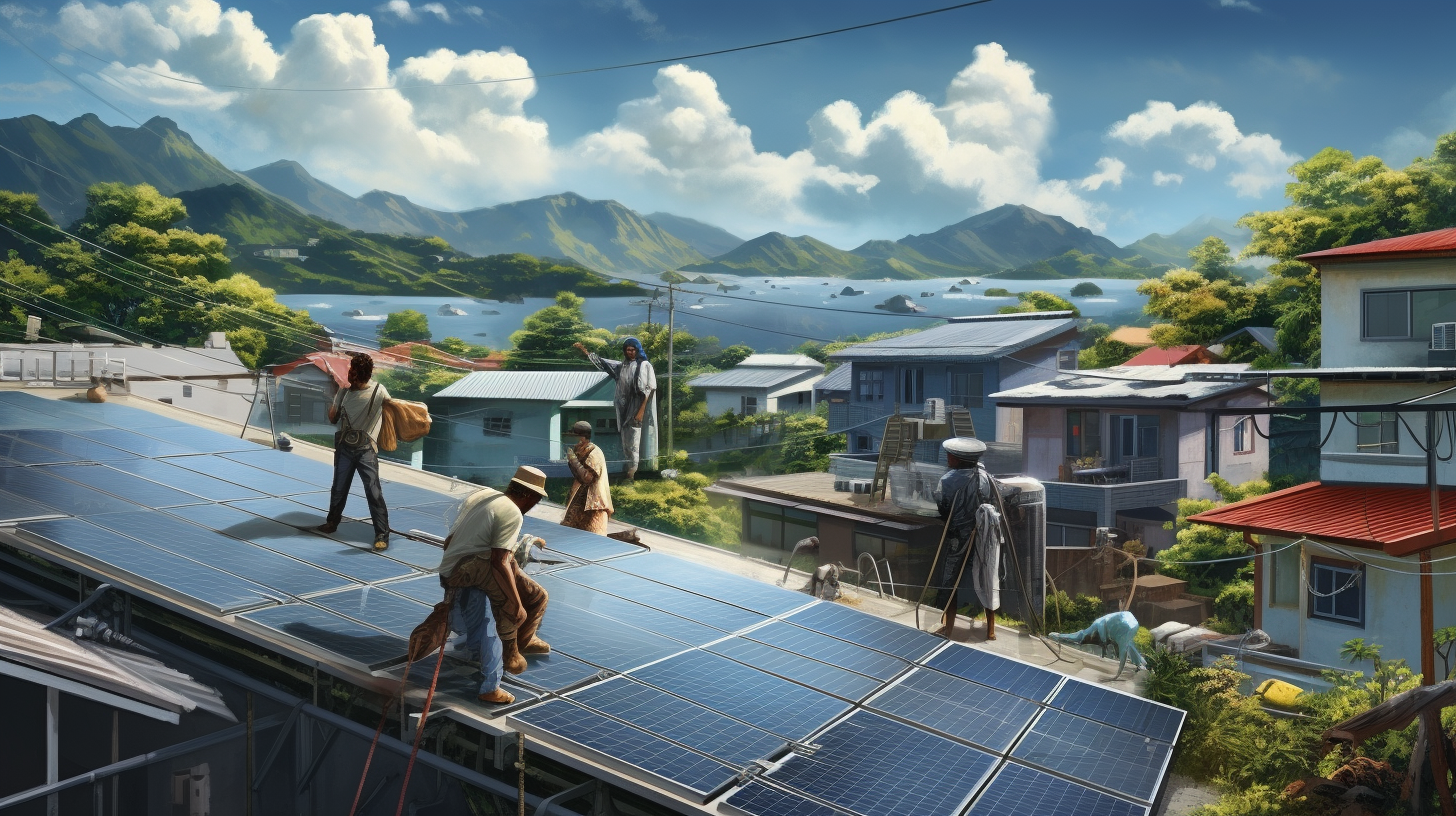 Menschen installieren Photovoltaik-Paneele auf einem Hausdach