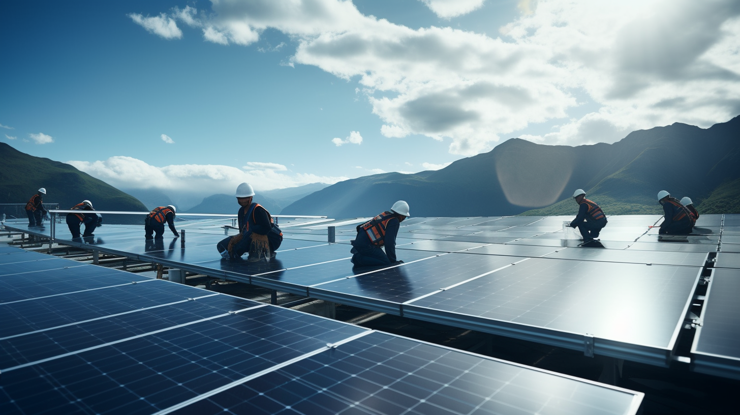Eine Gruppe von Ingenieuren, die an der Installation von Photovoltaik-Solarpaneelen arbeiten