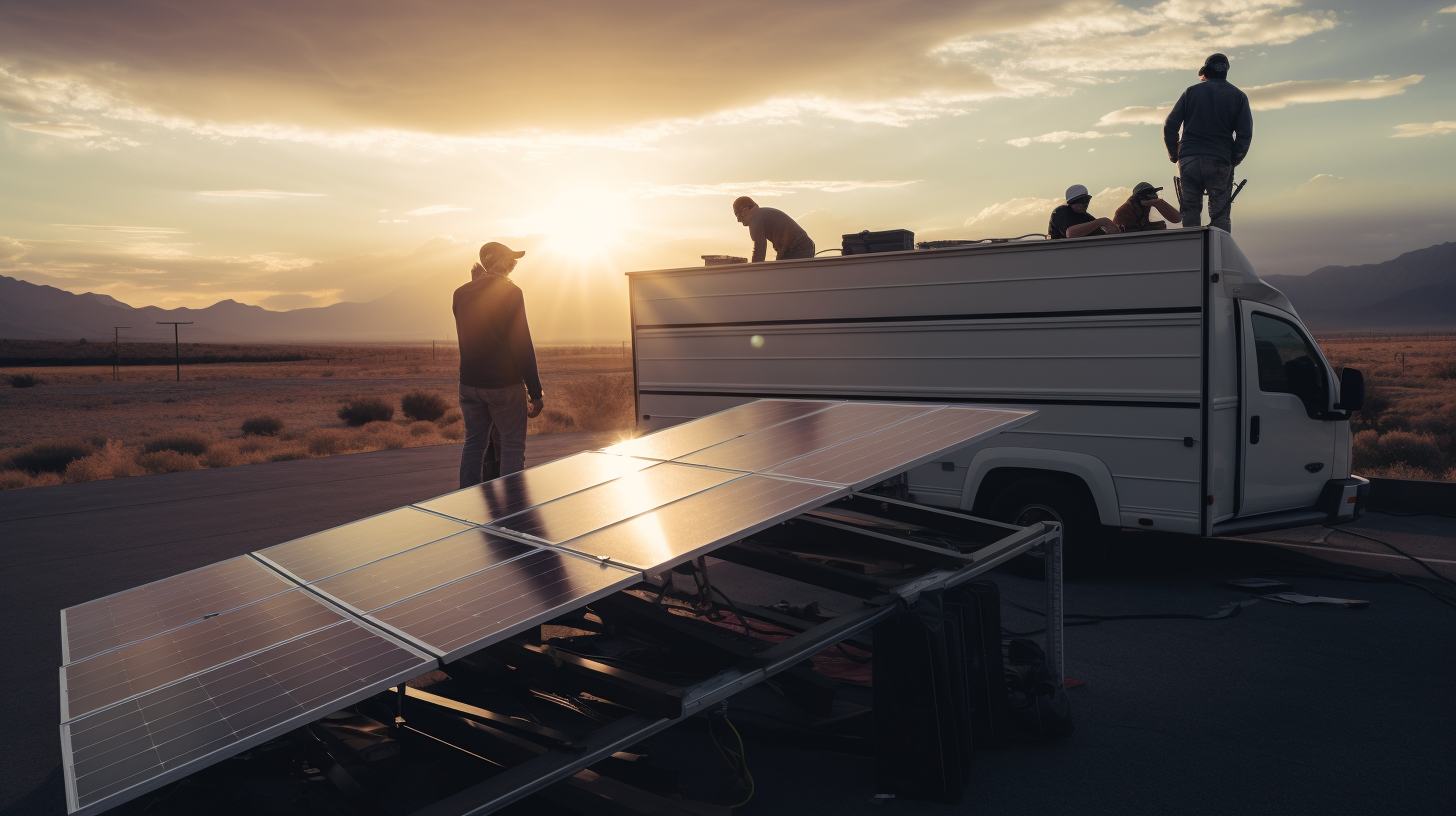 Eine Gruppe von Menschen installiert ein Solarmodul auf dem Dach eines Wohnmobils.