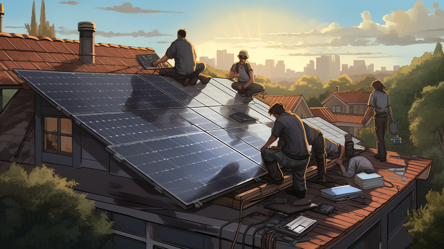 Eine Gruppe von Menschen installiert tagsüber ein Solarmodul auf einem Dach.