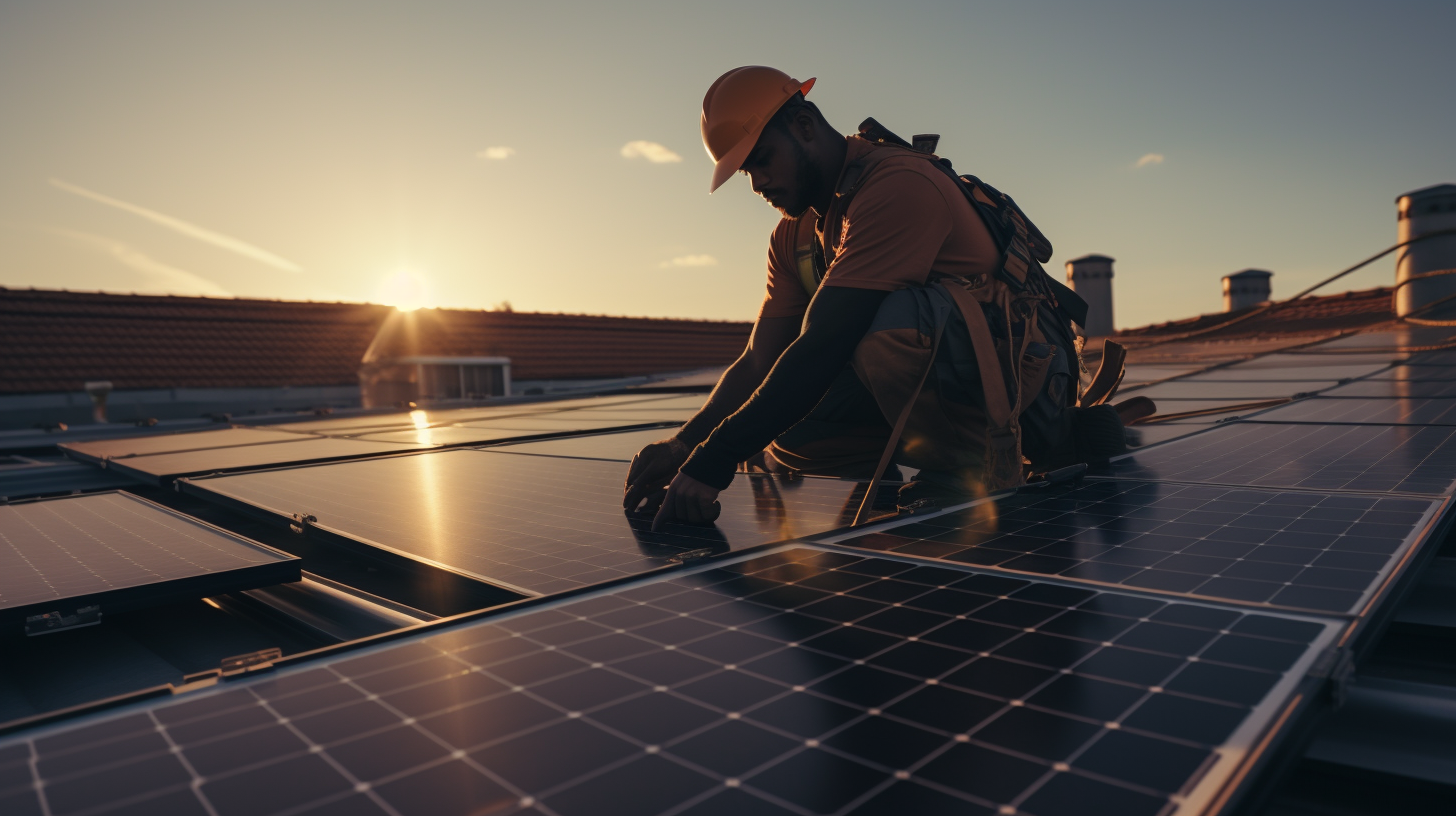 Eine Person installiert Solarpaneele auf einem Dach und achtet dabei genau darauf, dass die Anschlüsse korrekt angebracht sind. Das Bild zeigt auch Solarpaneele, Wechselrichter, Kabel und Anschlüsse als Hauptbestandteile eines Solarenergiesystems.