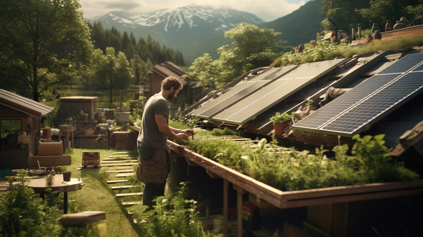 Eine Person montiert Solarmodule auf dem Dach eines Gartenschuppens, während im Hintergrund üppiges, grünes Landschaftsbild zu sehen ist.