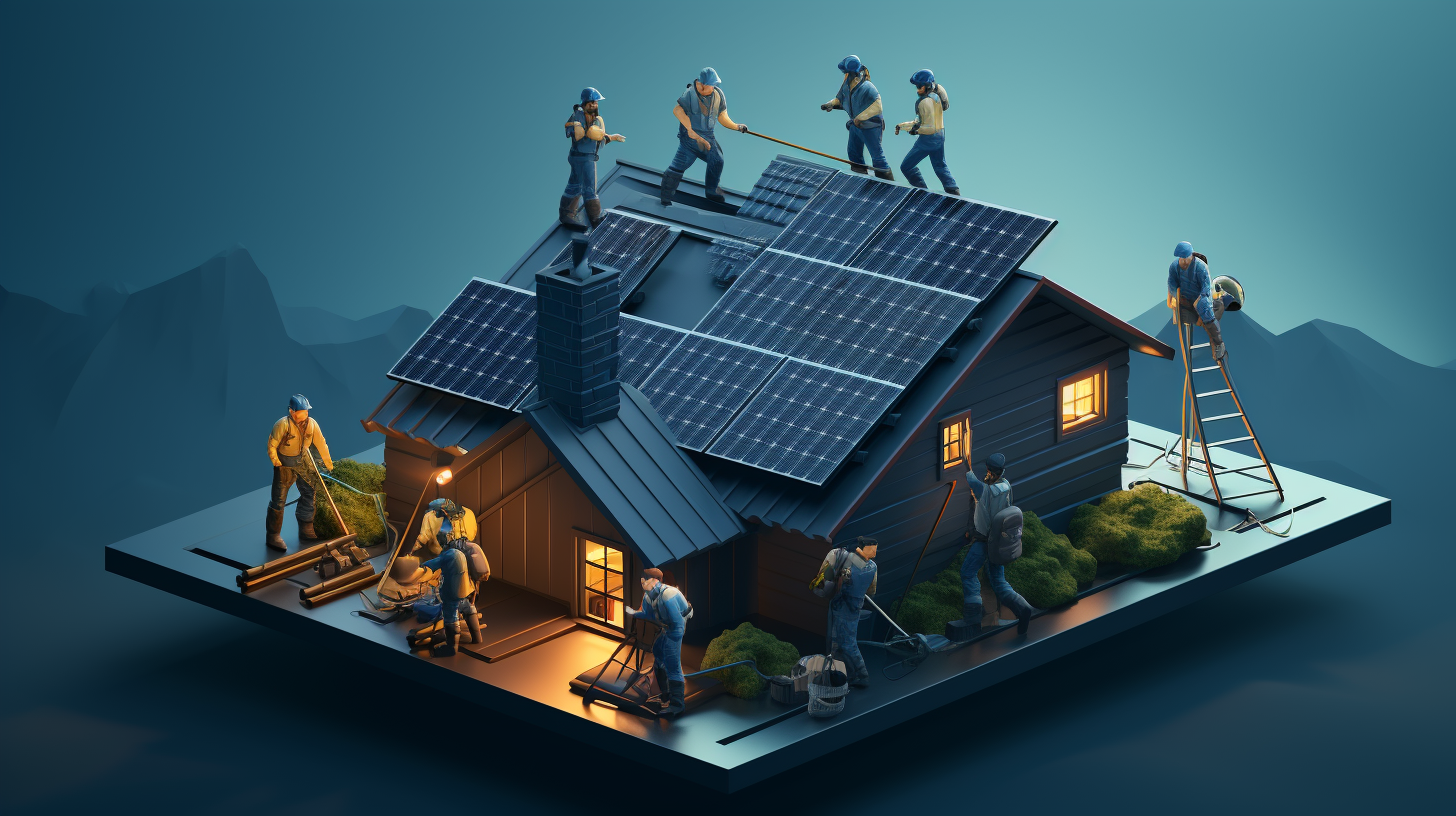 Eine Gruppe von Menschen montiert Solarmodule auf einem Hausdach.