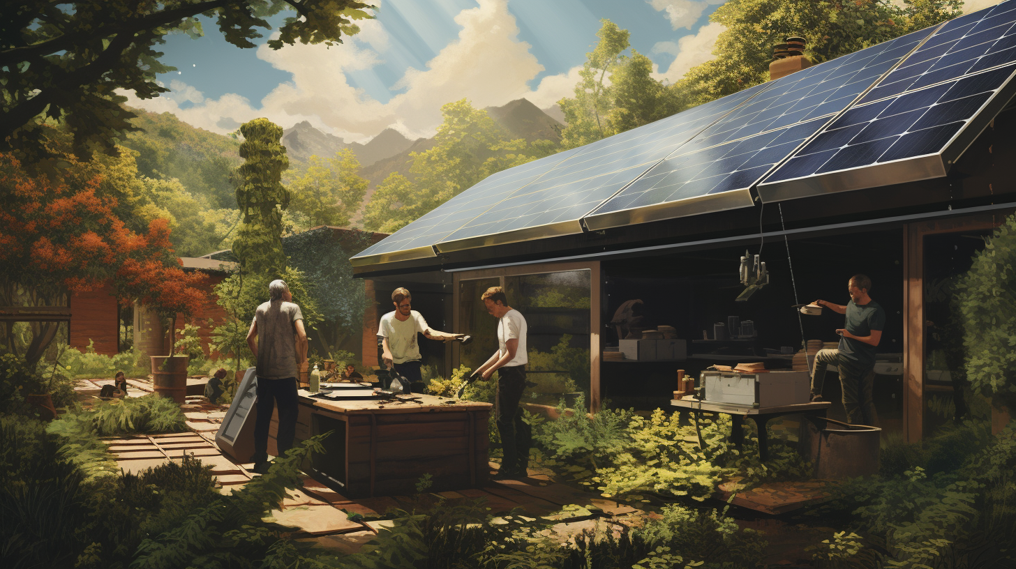 Eine Gruppe von Menschen installiert ein Solarmodul in einem Garten, das das Konzept nachhaltiger Hausenergie widerspiegelt
