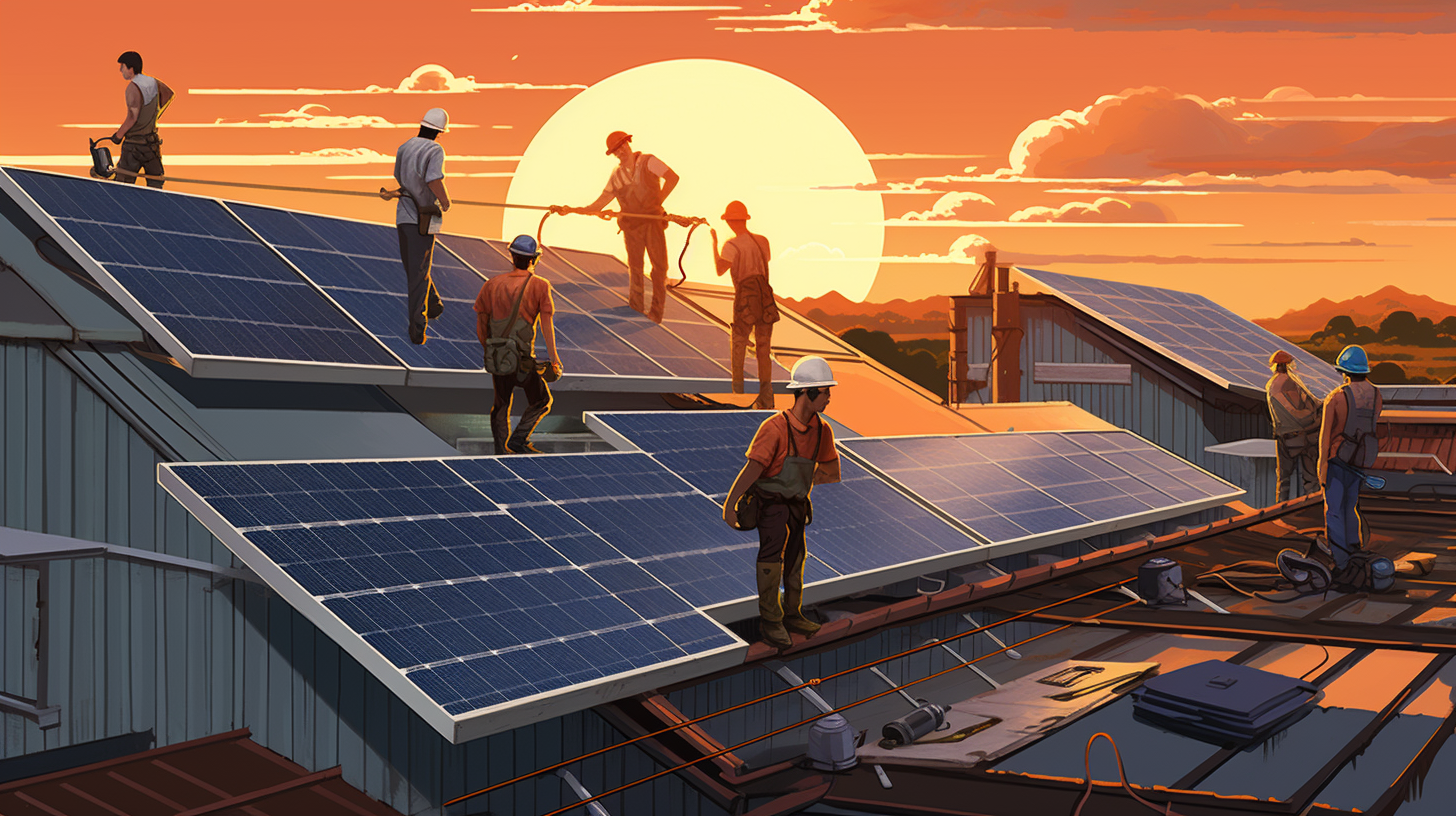Eine Gruppe von Menschen, die gemeinsam daran arbeiten, Solarpaneele auf einem Dach zu installieren, wobei eine Person ein Batteriespeichersystem hält.