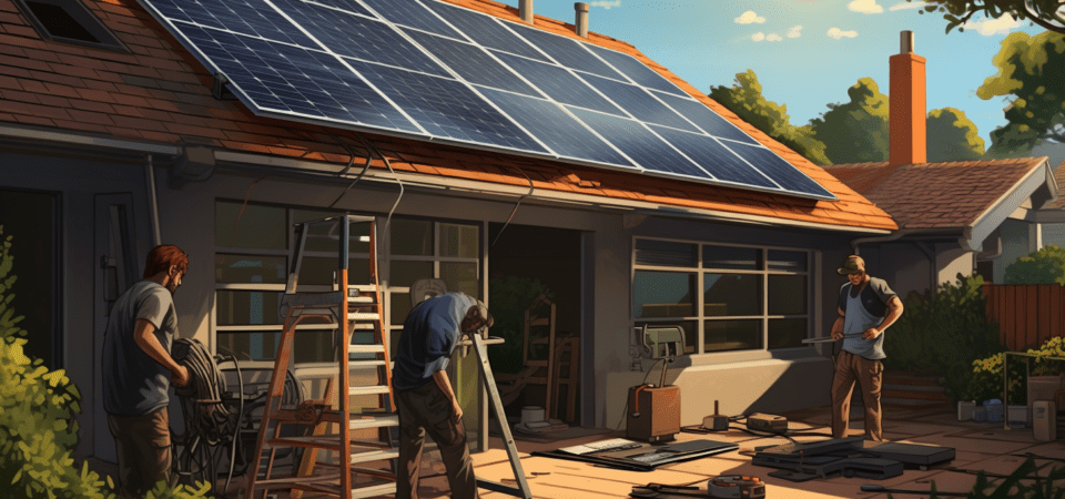 Eine realistische Darstellung einer Solarpanel-Installation in einem Wohngebiet. Der Fokus liegt auf den Solarpanelen auf dem Dach und einer Speicherbatterie in der Garage, wobei die Kombination dieser beiden betont wird. Ein menschlicher Techniker arbeitet an der Installation, indem er die Panels und die Batterie verbindet.