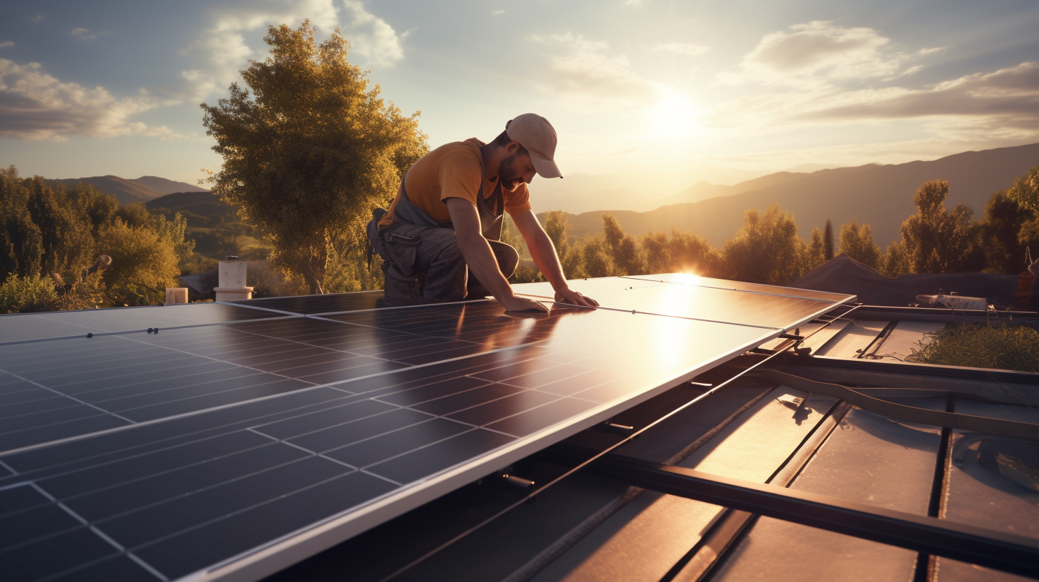Eine Person installiert Sonnenkollektoren auf dem Dach eines Hauses. Die Sonne scheint und es ist auch ein Blick auf ein modernes Wechselrichtergerät möglich.