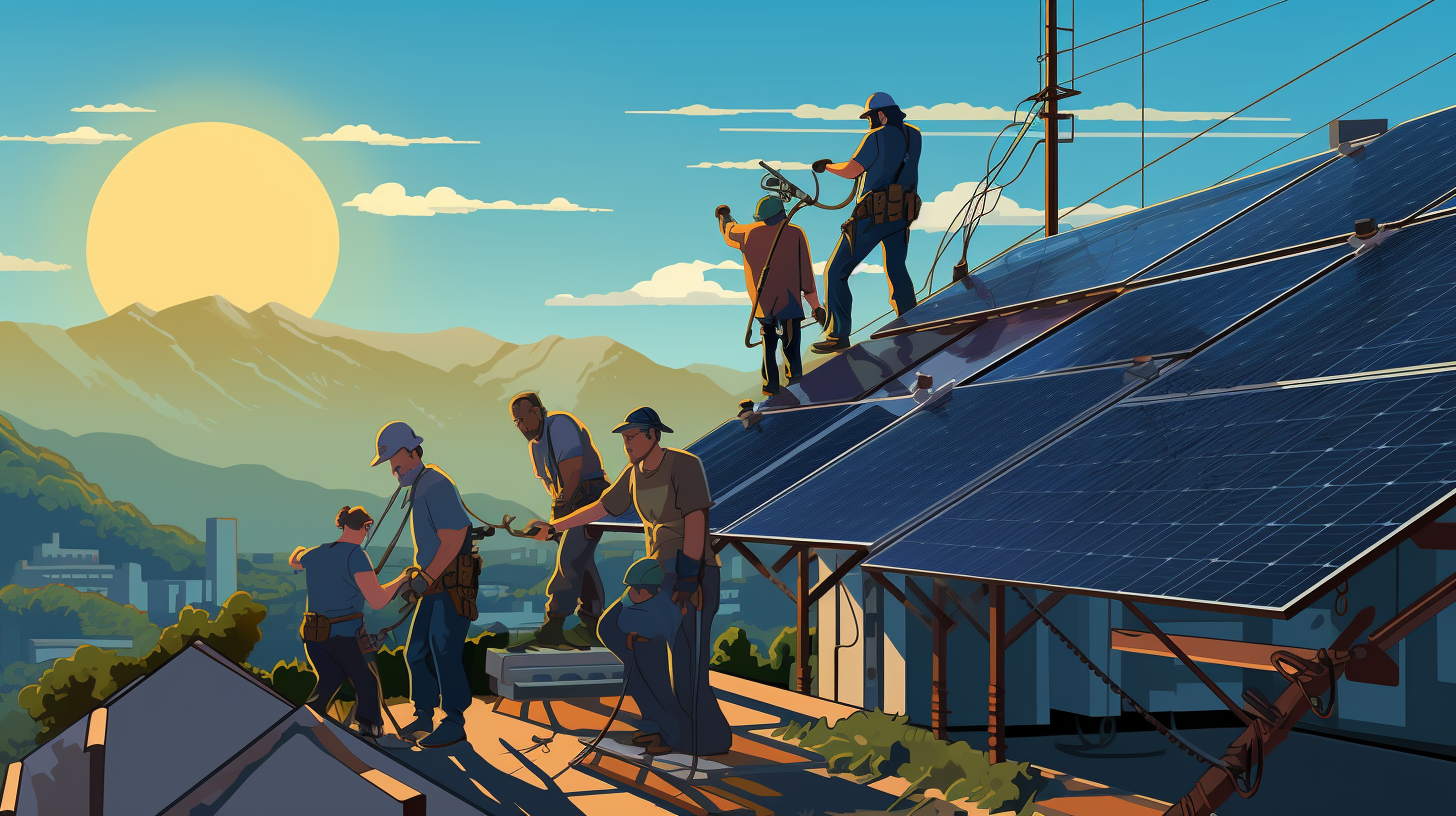 Eine Gruppe von Menschen installiert an einem sonnigen Tag ein Solarmodul.