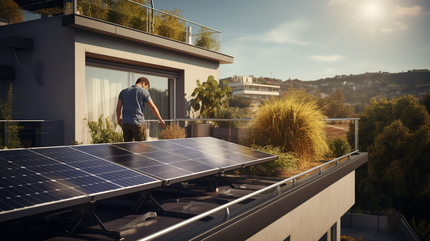 Eine Person installiert Solarpaneele auf ihrem Balkon.