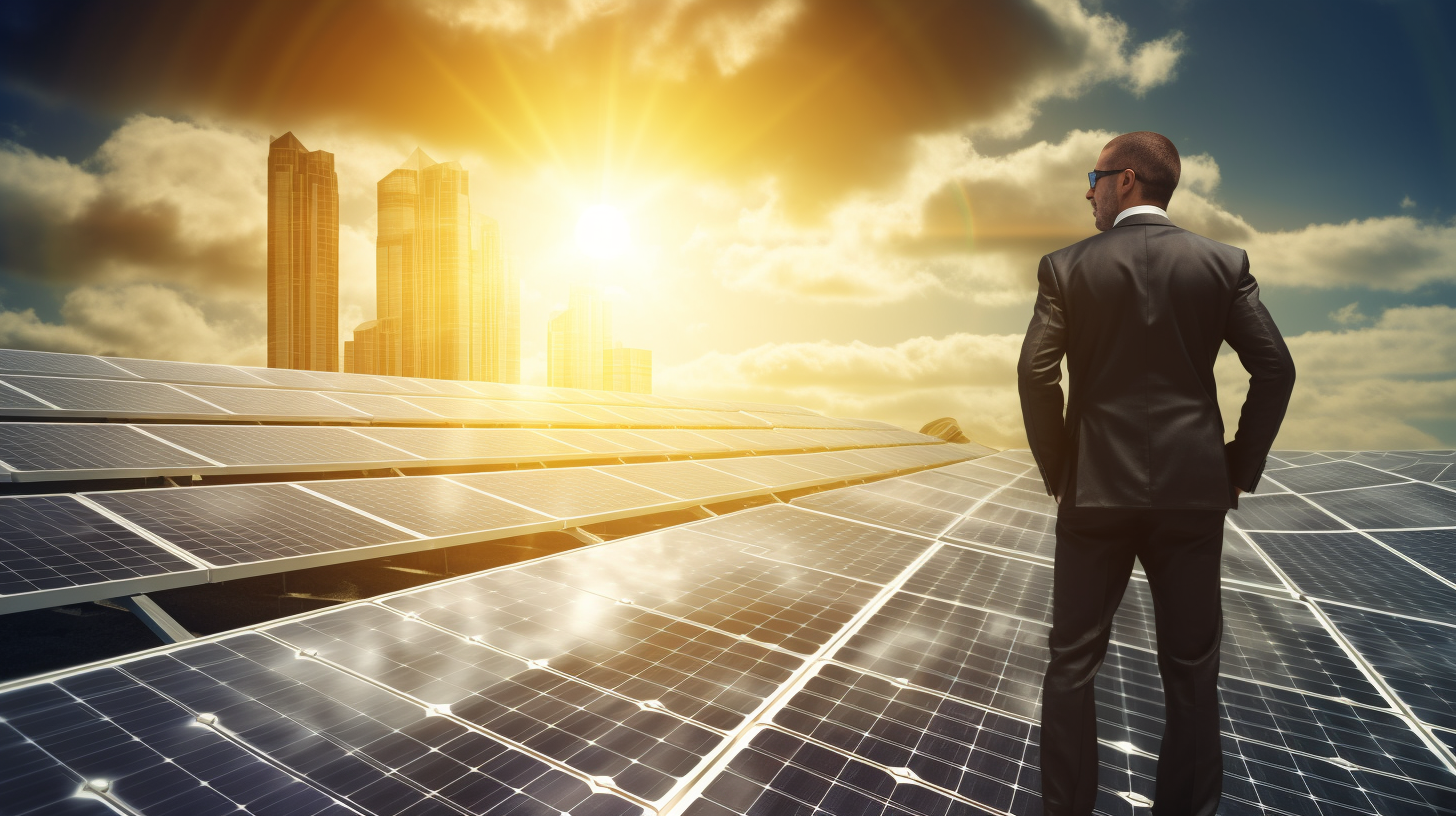 Die strahlende Sonne scheint auf ein Solarmodul, während ein Mann im Anzug es inspiziert, was die Idee der Investition in Solarenergie unterstreicht.