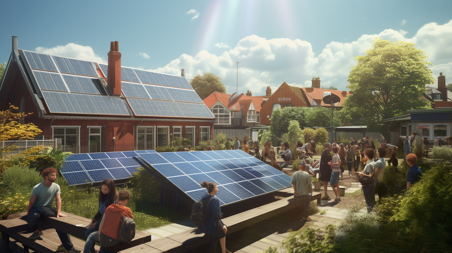 Eine Momentaufnahme zeigt Menschen jeden Alters, die sich bei einem Gemeinschaftsprojekt engagieren, um Solarpaneele auf einem örtlichen Gemeindezentrum zu installieren.