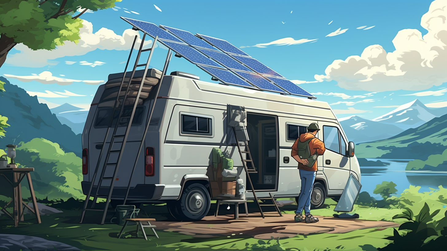 Ein junger Mann montiert bei Tageslicht auf einem Campingplatz ein Solarpanel auf dem Dach eines Wohnmobils.