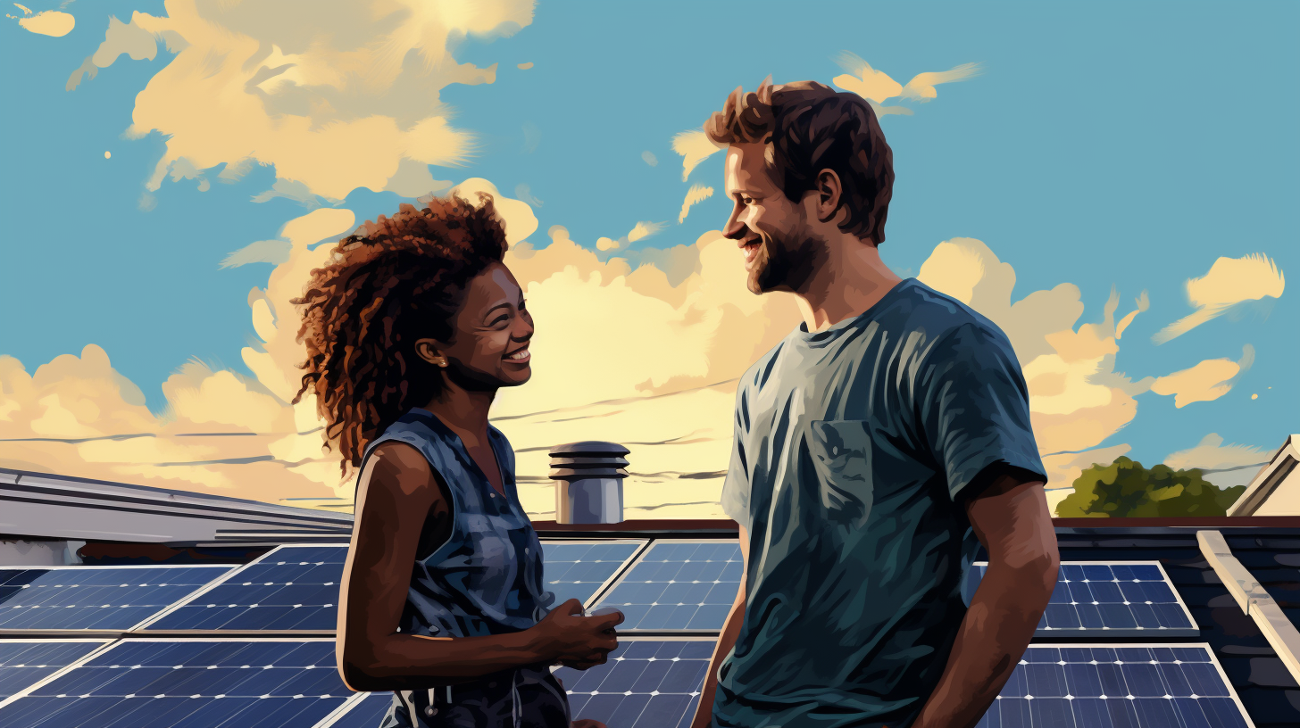 Ein junges Paar untersucht eine Solarmodul-Installation auf ihrem Dach und diskutiert fröhlich über mögliche Einsparungen und Umweltvorteile.