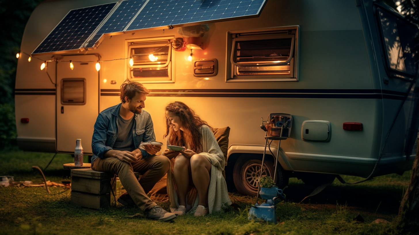 Ein junges Paar genießt die Zeit vor ihrem mit Solarmodulen ausgestatteten Campingfahrzeug, mitten auf einem von Bäumen umgebenen Feld.