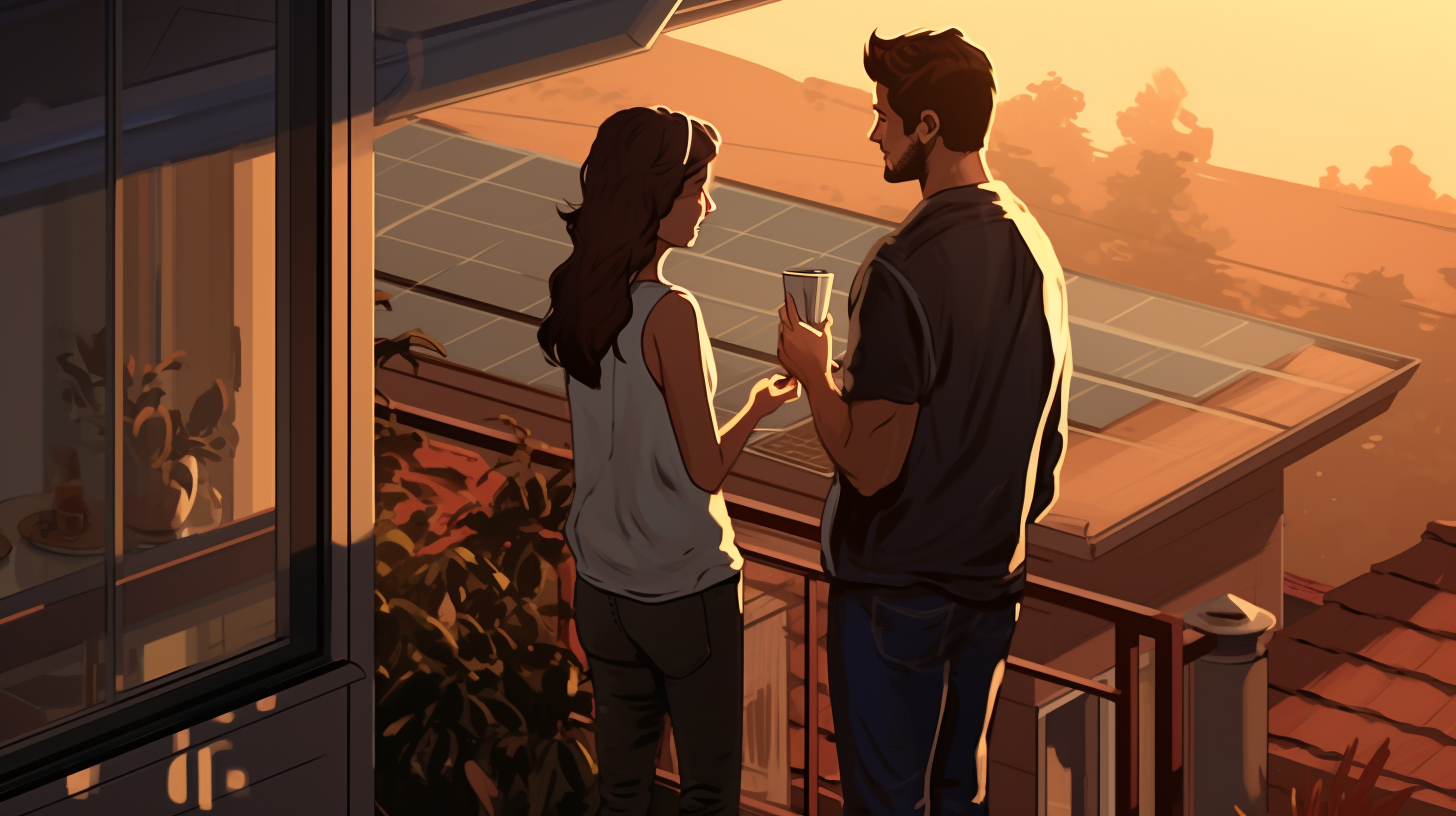 Ein junges Paar platziert sorgfältig ihr Mini-Solarmodul auf dem Balkon und berücksichtigt dabei die Sonneneinstrahlung und möglichen Schattenwurf.
