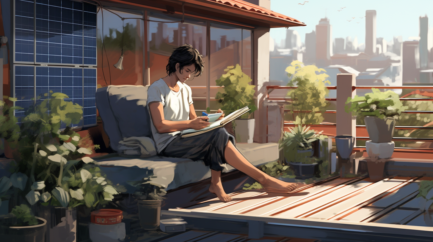 Eine Person sitzt gemütlich auf ihrem Balkon und liest ein Buch. Im Hintergrund ist ein diskret platziertes Solarmodul zu sehen, das die Einfachheit und Bequemlichkeit eines Balkon-Solarsystems hervorhebt.