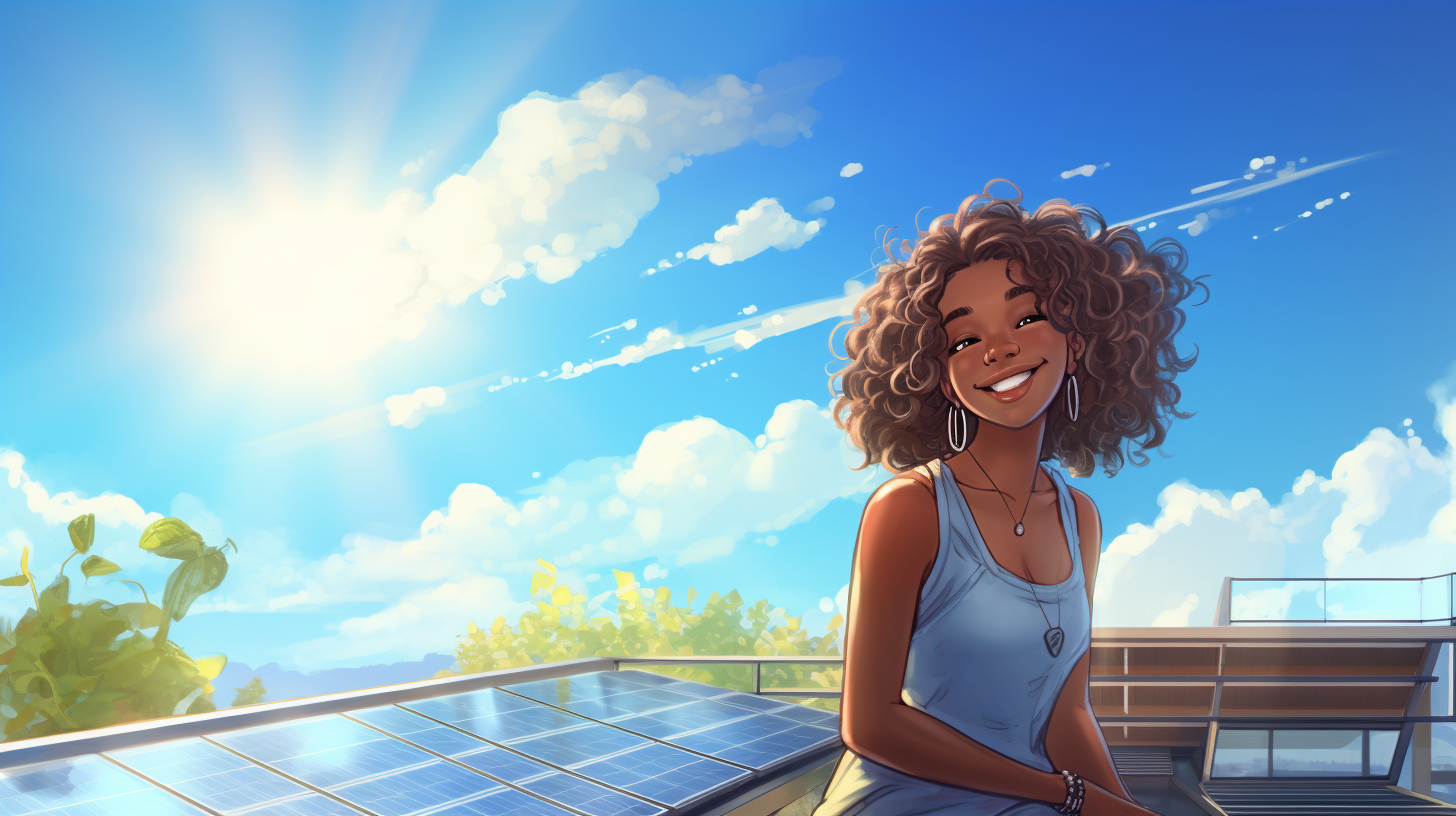 Eine lächelnde Person betrachtet ihr Balkon-Solarmodul vor dem Hintergrund eines blauen Himmels, was die positive Umweltauswirkung von Balkon-Solarmodulen symbolisiert.